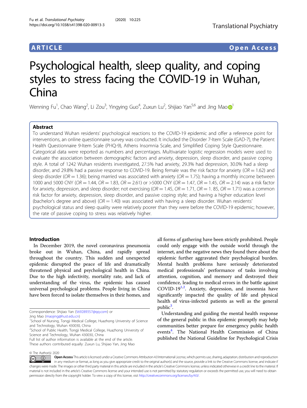 Psychological Health, Sleep Quality, and Coping Styles to Stress Facing