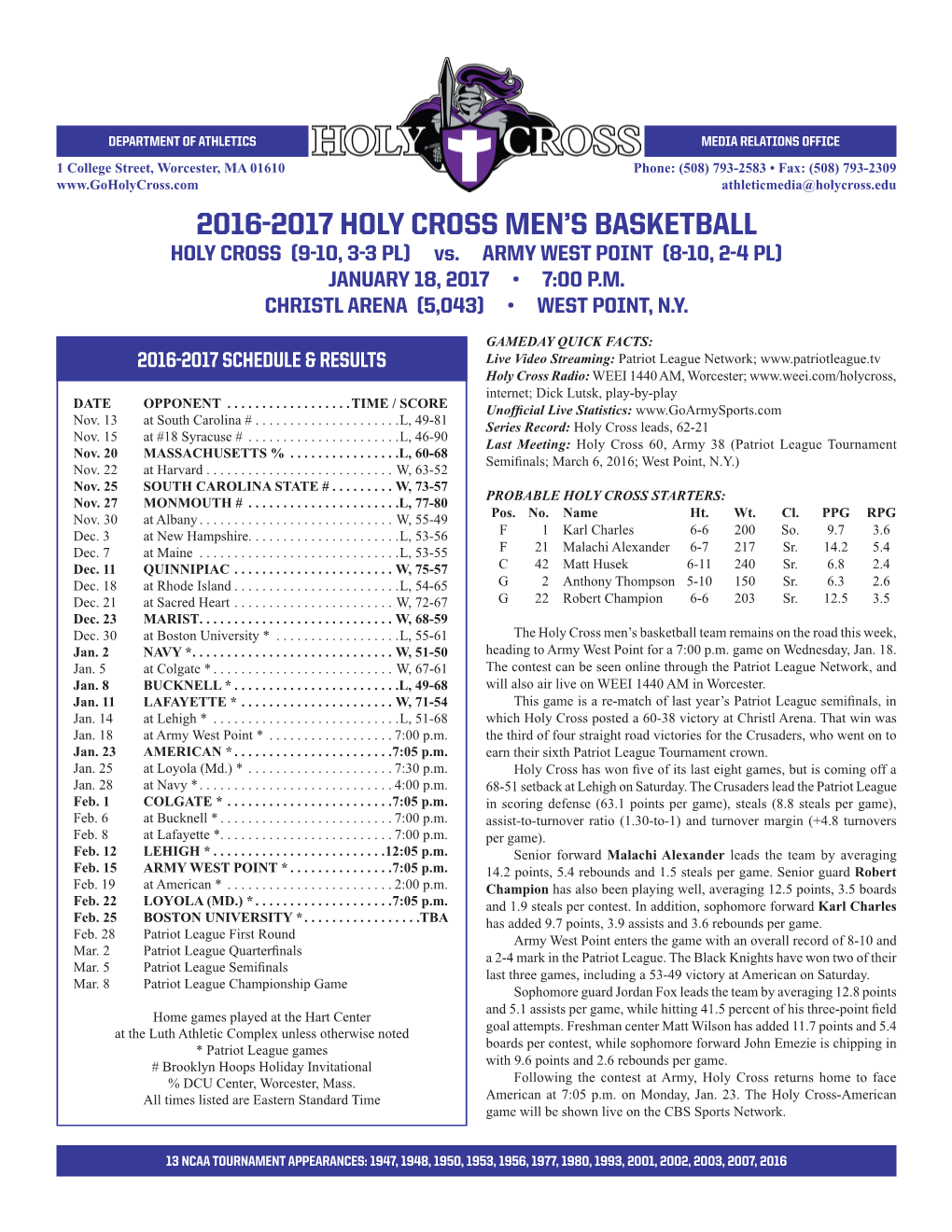 2016-2017 Holy Cross Men's Basketball