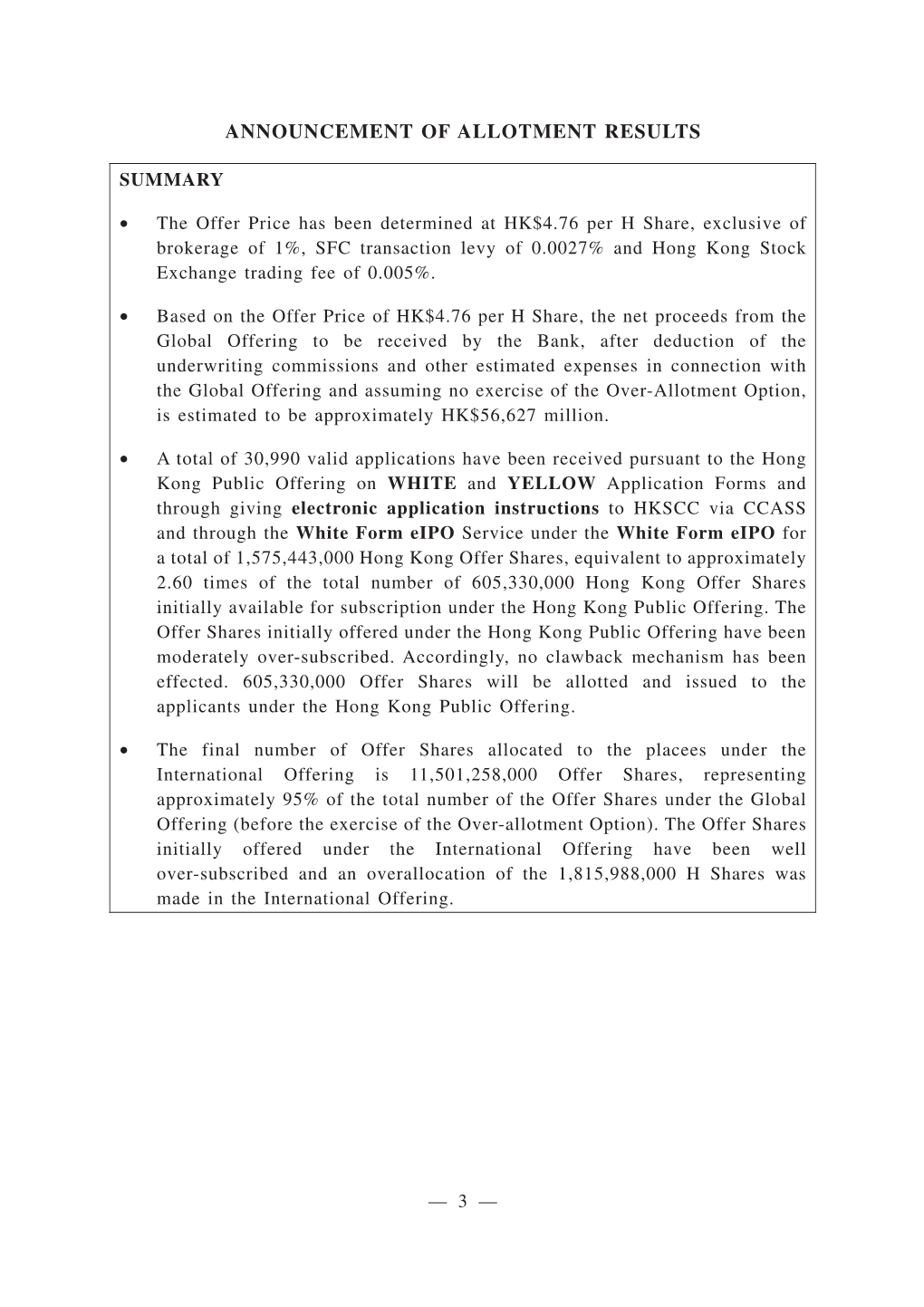 Announcement of Allotment Results