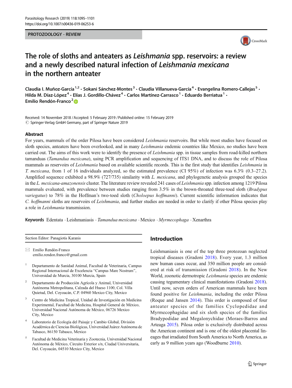 The Role of Sloths and Anteaters As Leishmania Spp. Reservoirs: a Review and a Newly Described Natural Infection of Leishmania Mexicana in the Northern Anteater