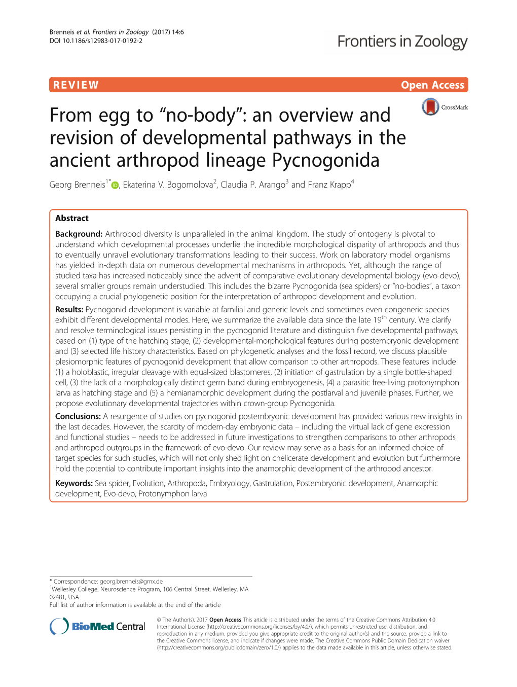 An Overview and Revision of Developmental Pathways in the Ancient Arthropod Lineage Pycnogonida Georg Brenneis1* , Ekaterina V