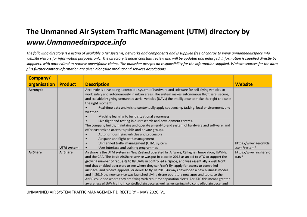 The Unmanned Air System Traffic Management (UTM) Directory By