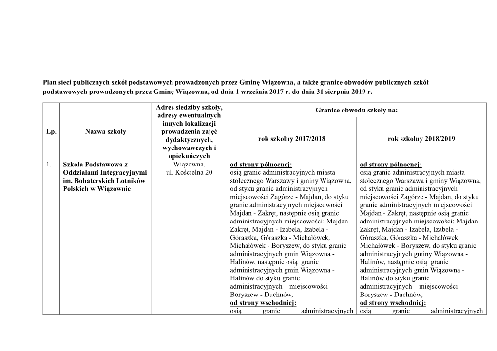 Plan Sieci Publicznych Szkół Podstawowych Prowadzonych Przez Gminę Wiązowna, a Także Granice Obwodów Publicznych Szkół P