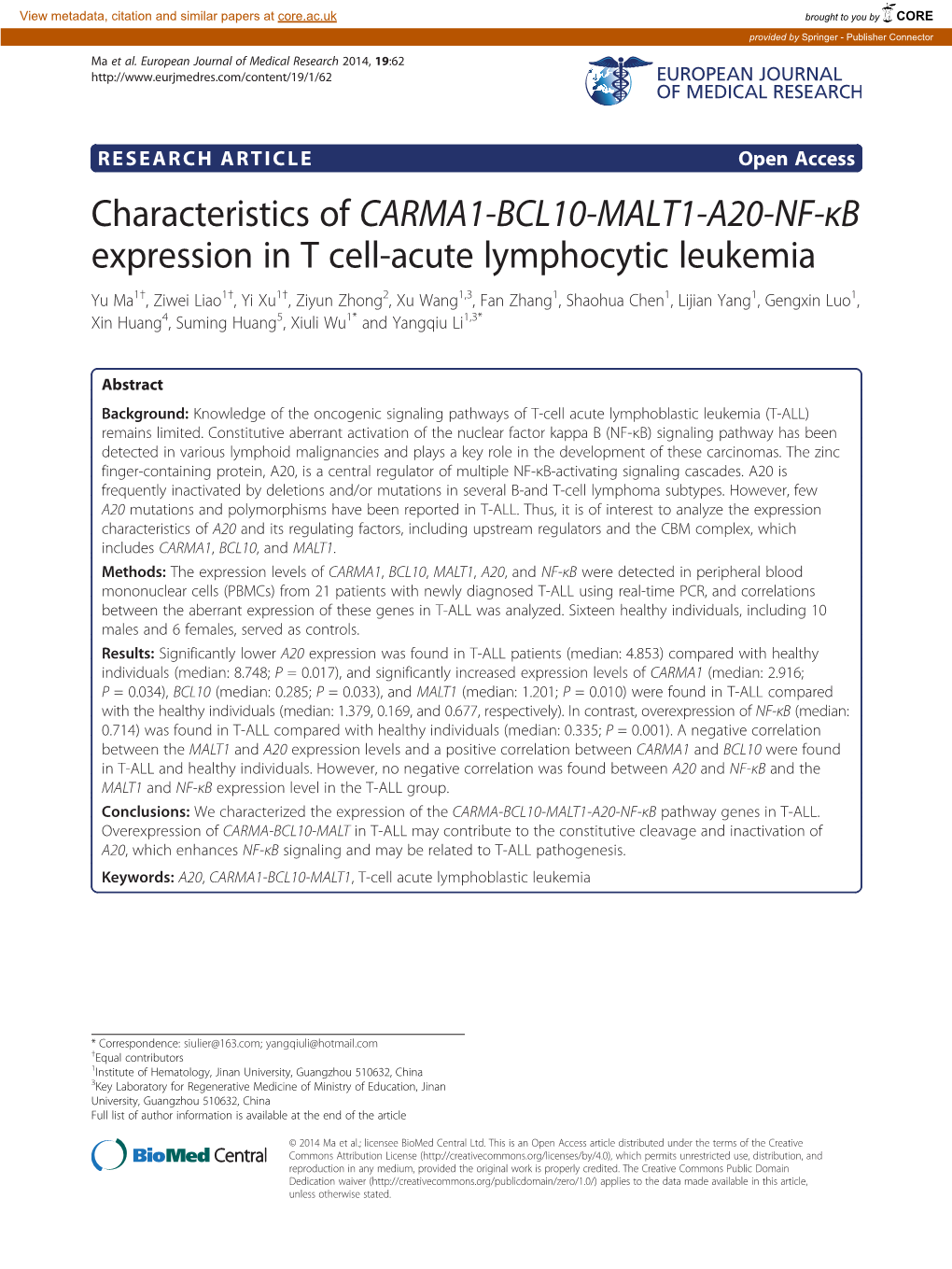 Characteristics of CARMA1-BCL10-MALT1-A20-NF