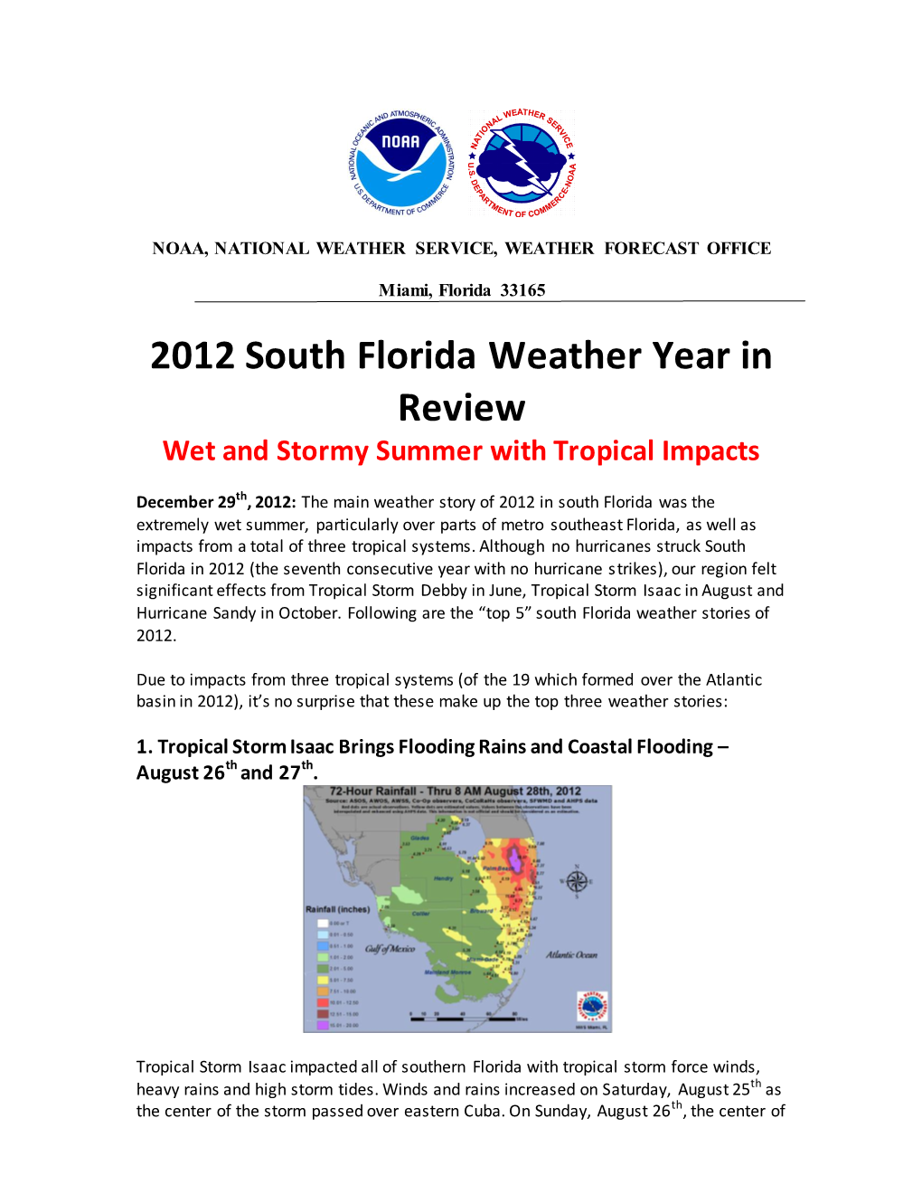 2012 South Florida Weather Year in Review Wet and Stormy Summer with Tropical Impacts