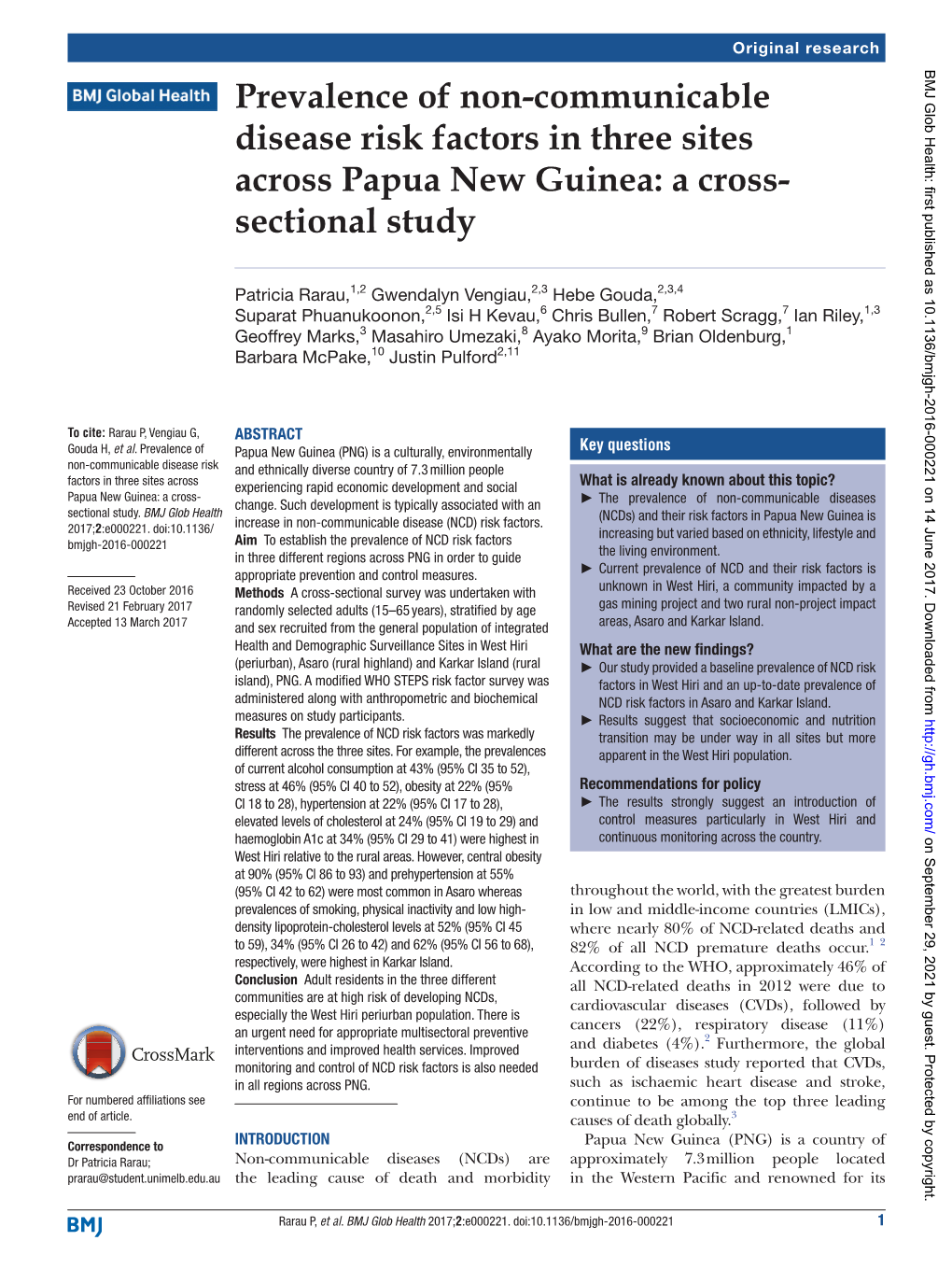 Prevalence of Non-Communicable Disease Risk Factors in Three Sites Across Papua New Guinea: a Cross- Sectional Study