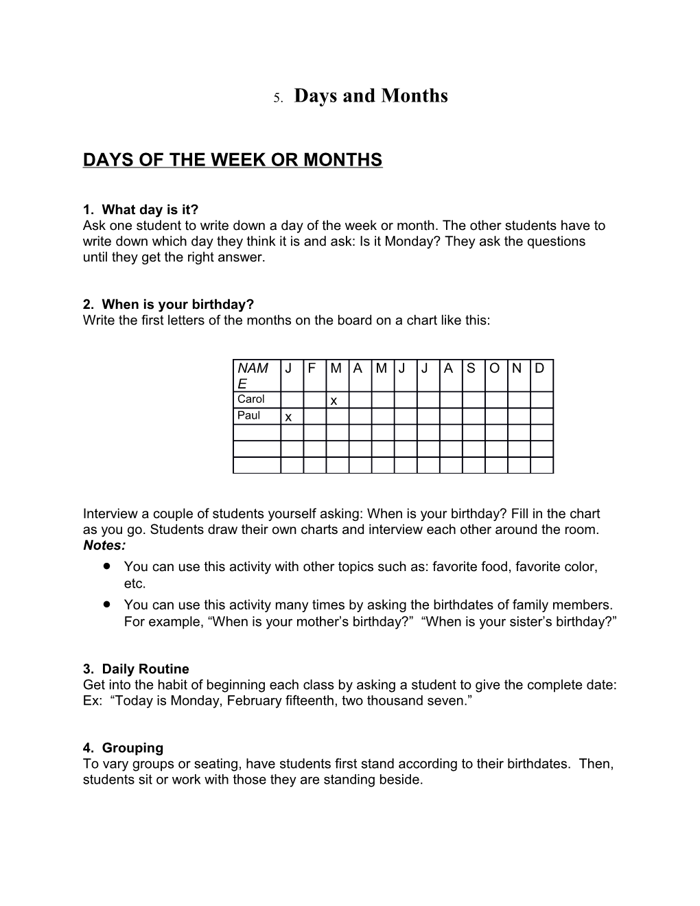 Days of the Week Or Months