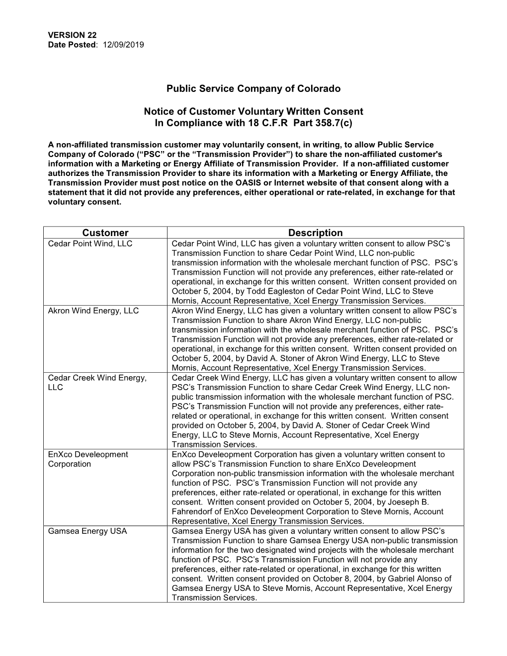Public Service Company of Colorado Notice of Customer Voluntary Written Consent in Compliance with 18 C.F.R Part 358.7(C) Custo