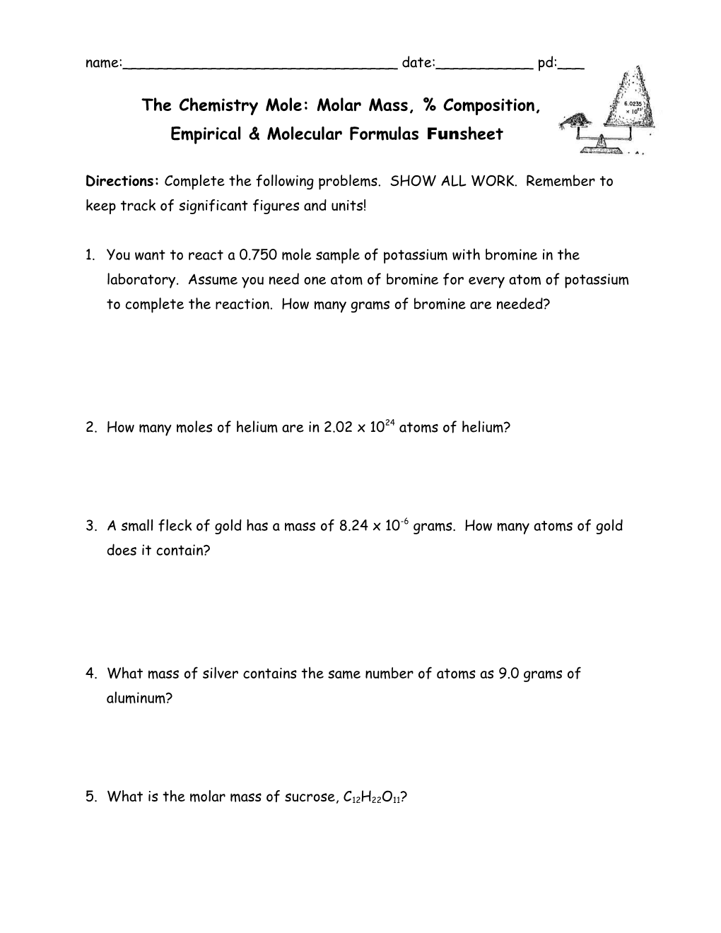 The Chemistry Mole: Molar Mass, % Composition, Empirical & Molecular Formulas Funsheet