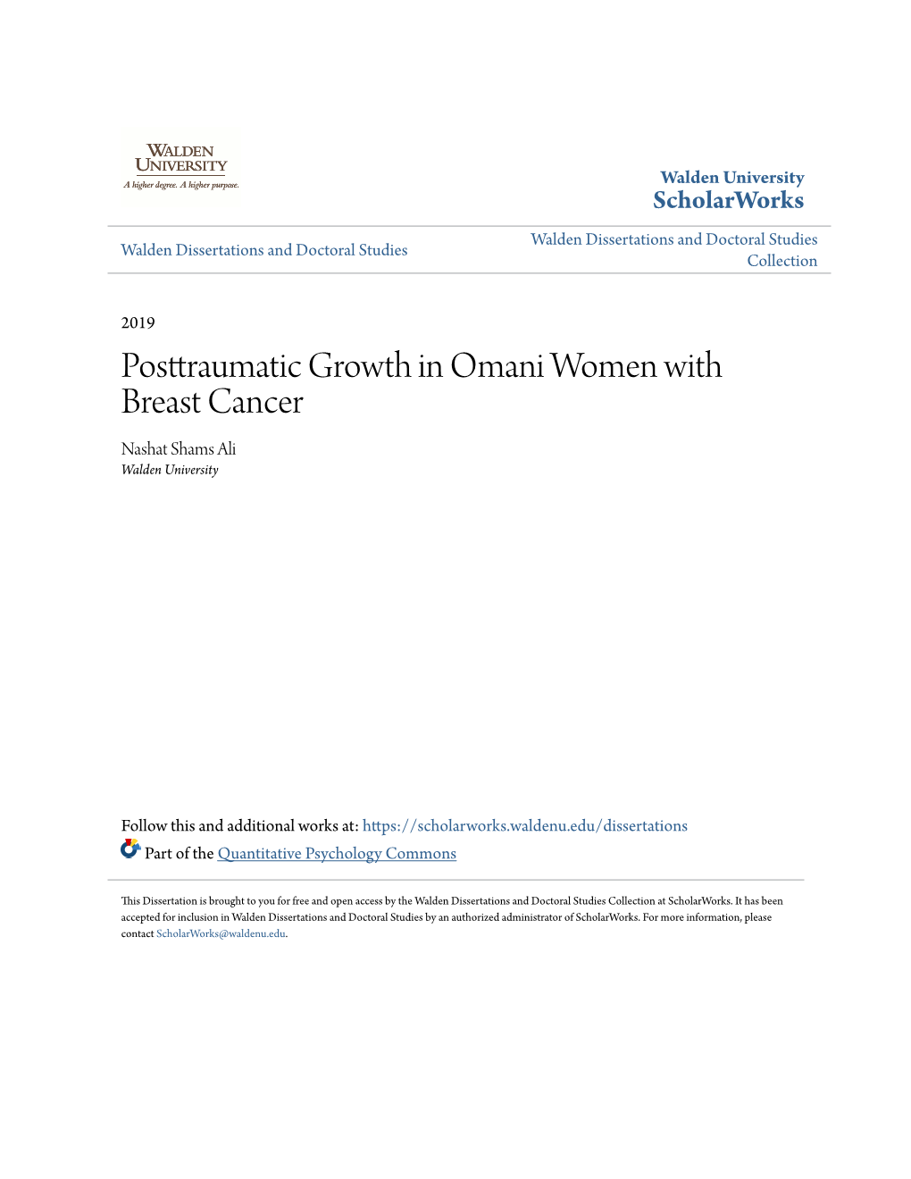 Posttraumatic Growth in Omani Women with Breast Cancer Nashat Shams Ali Walden University