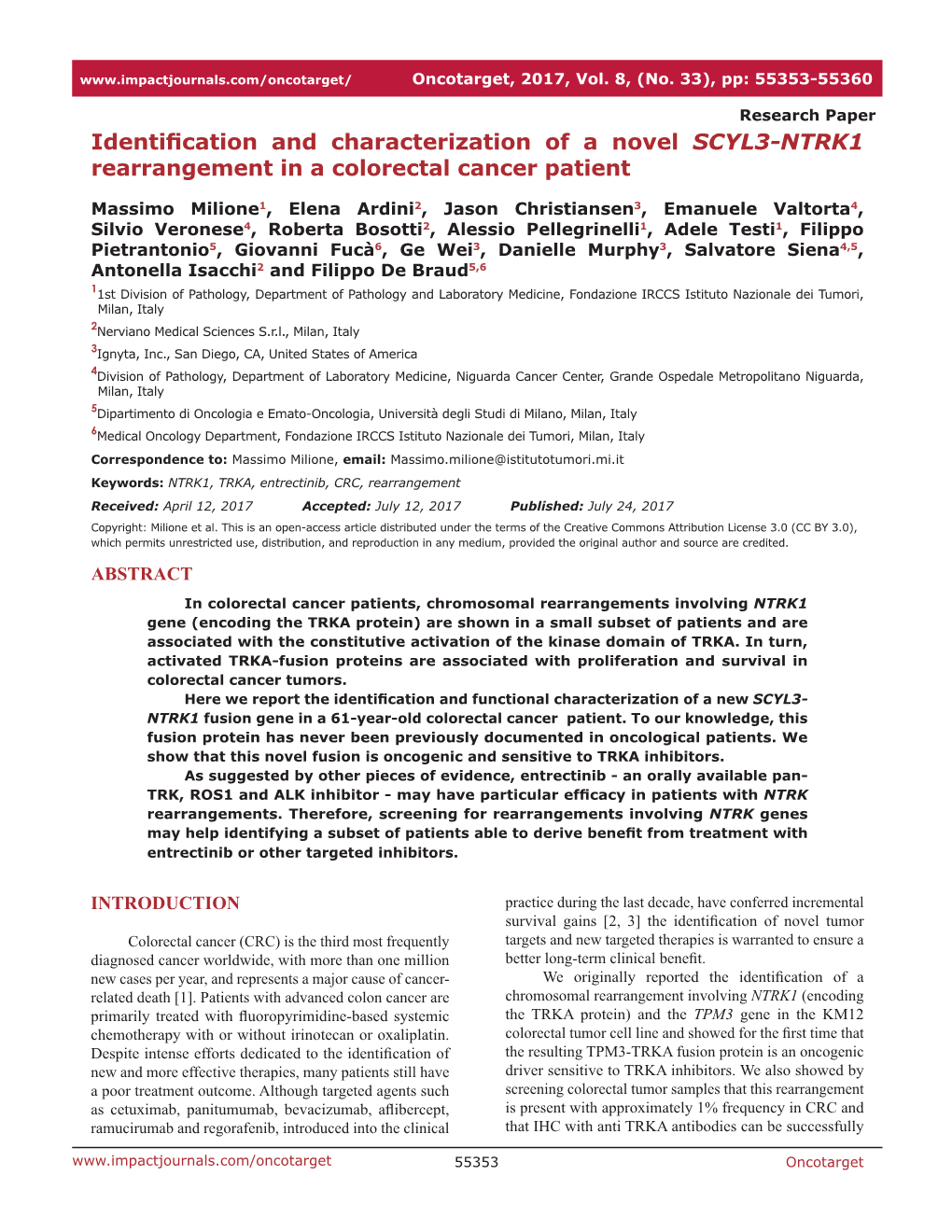 Identification and Characterization of a Novel SCYL3-NTRK1 Rearrangement in a Colorectal Cancer Patient