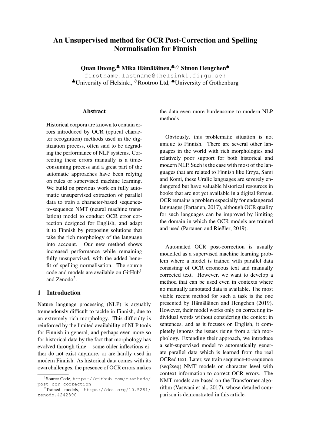 An Unsupervised Method for OCR Post-Correction and Spelling Normalisation for Finnish