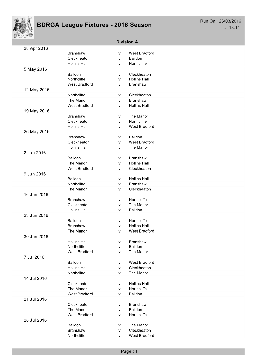 BDRGA League Fixtures - 2016 Season at 18:14