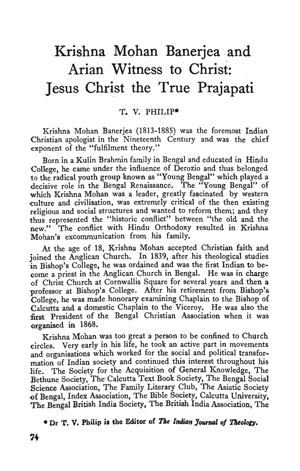 Krishna Mohan Banerjea and Arian Witness to Christ: Jesus Christ the True Prajapati