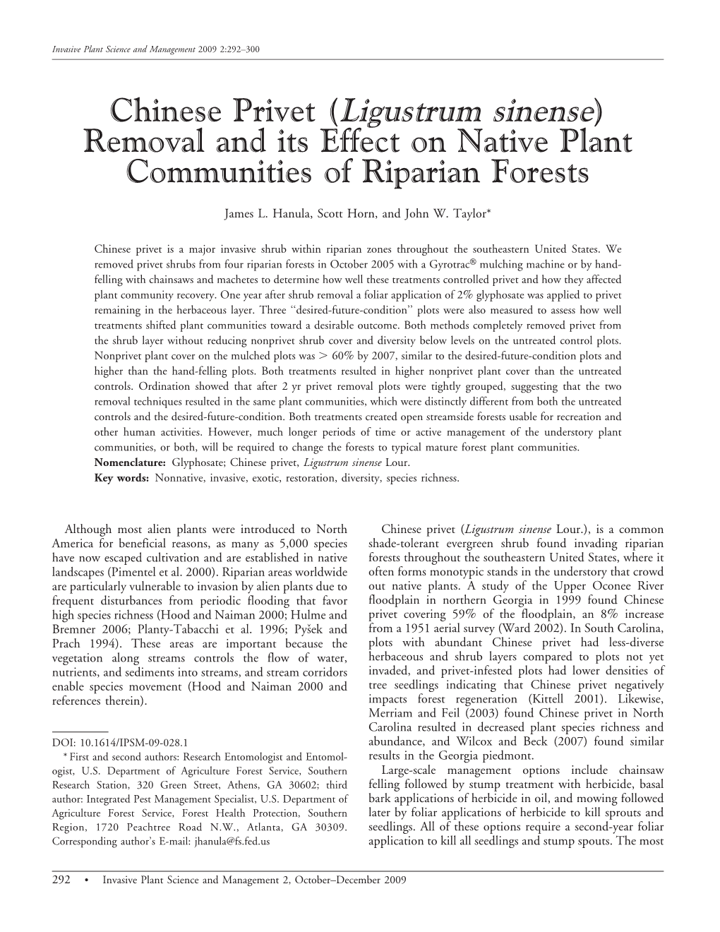 Chinese Privet (Ligustrum Sinense) Removal and Its Effect on Native Plant Communities of Riparian Forests