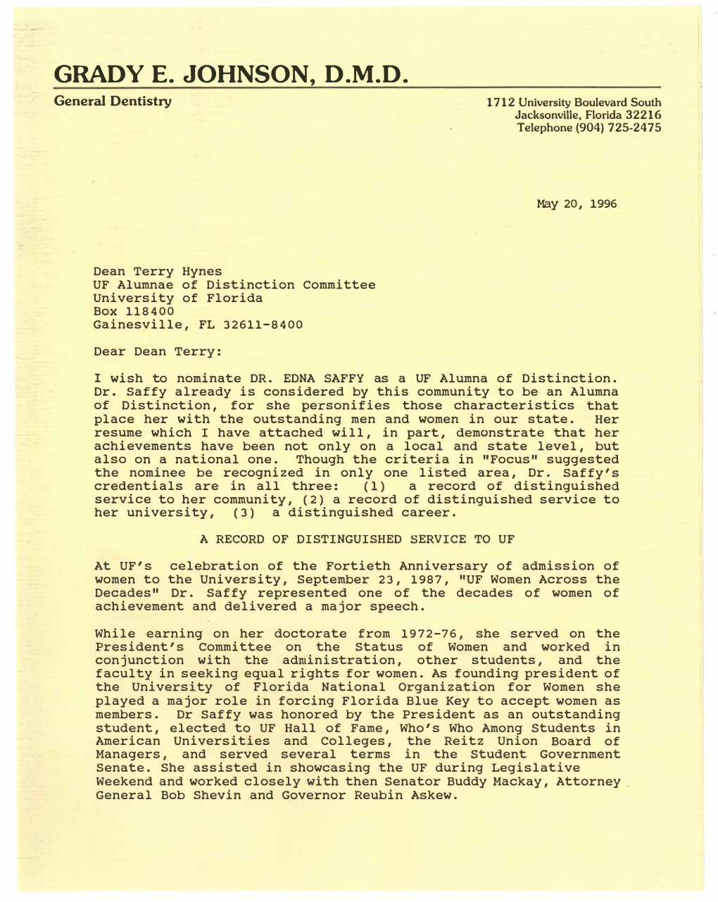 May 20, 1996, Letter of Nomination