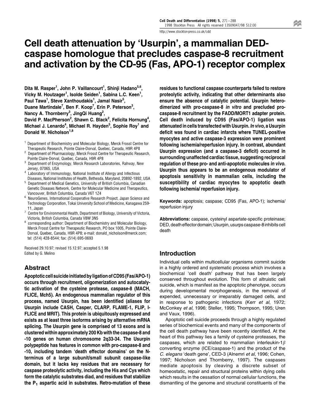 Cell Death Attenuation by `Usurpin', a Mammalian DED- Caspase Homologue That Precludes Caspase-8 Recruitment and Activation by the CD-95 (Fas, APO-1) Receptor Complex