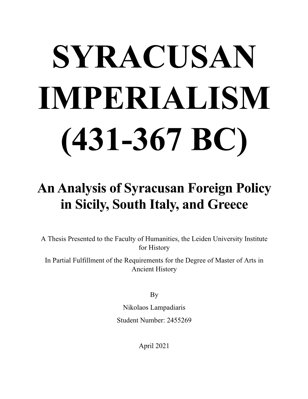 Syracusan Imperialism (431-367 Bc)