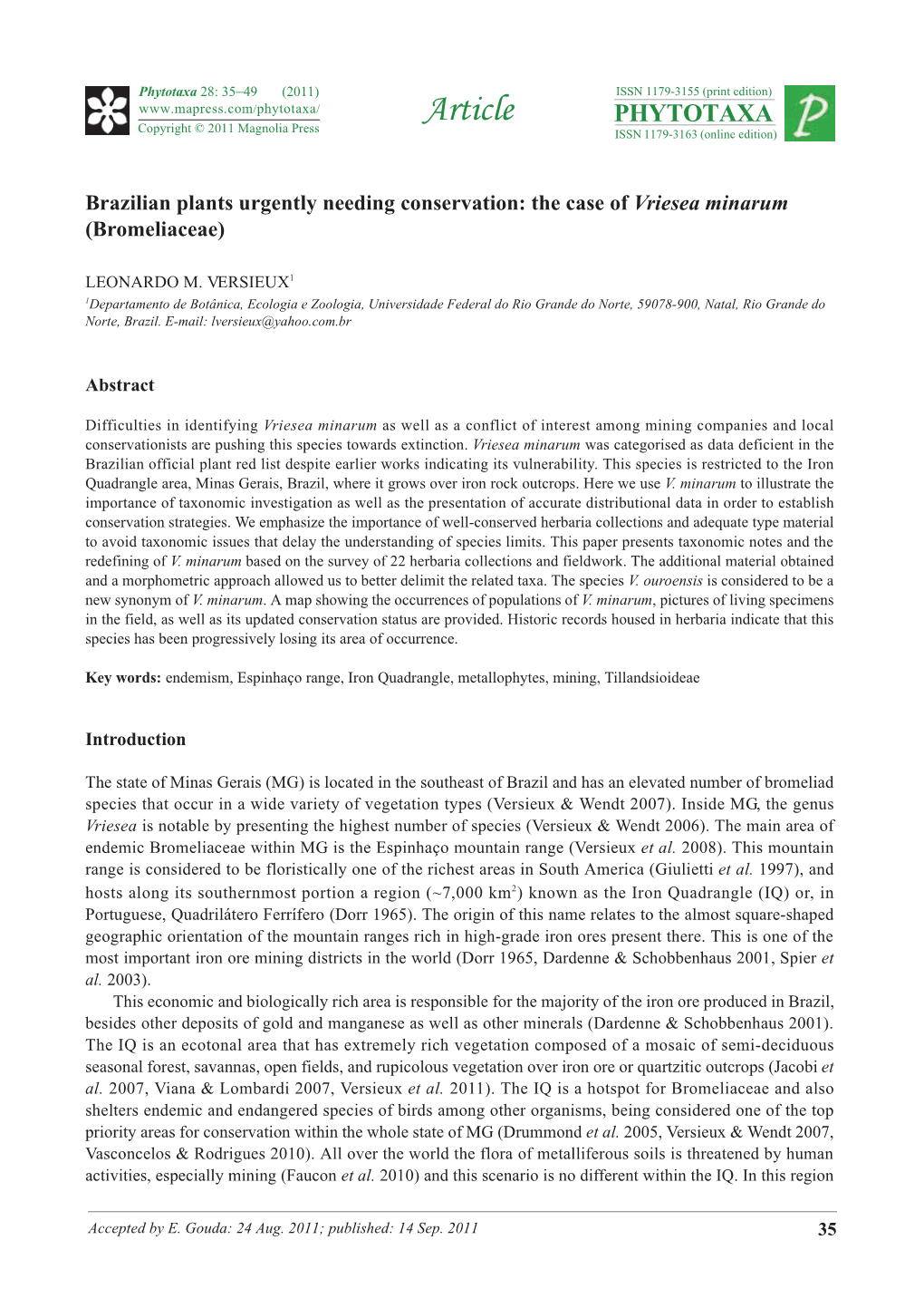 The Case of Vriesea Minarum (Bromeliaceae)