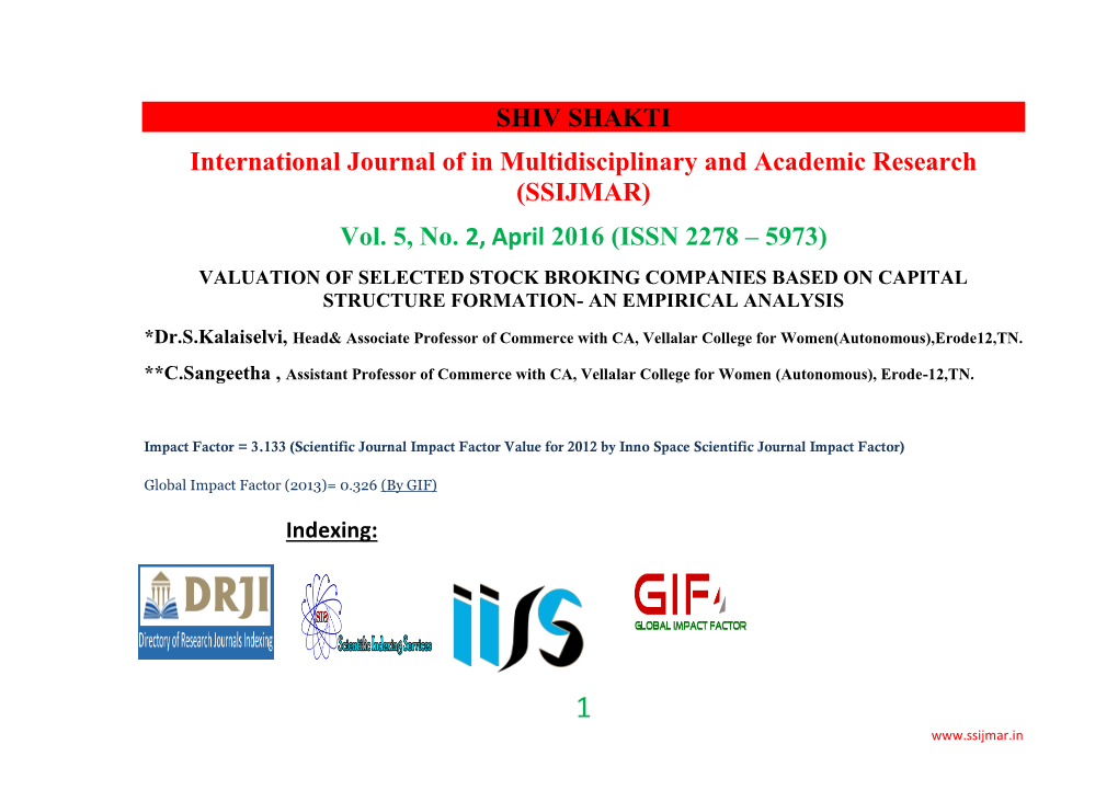 Valuation of Selected Stock Broking Companies Based on Capital Structure Formation- an Empirical Analysis