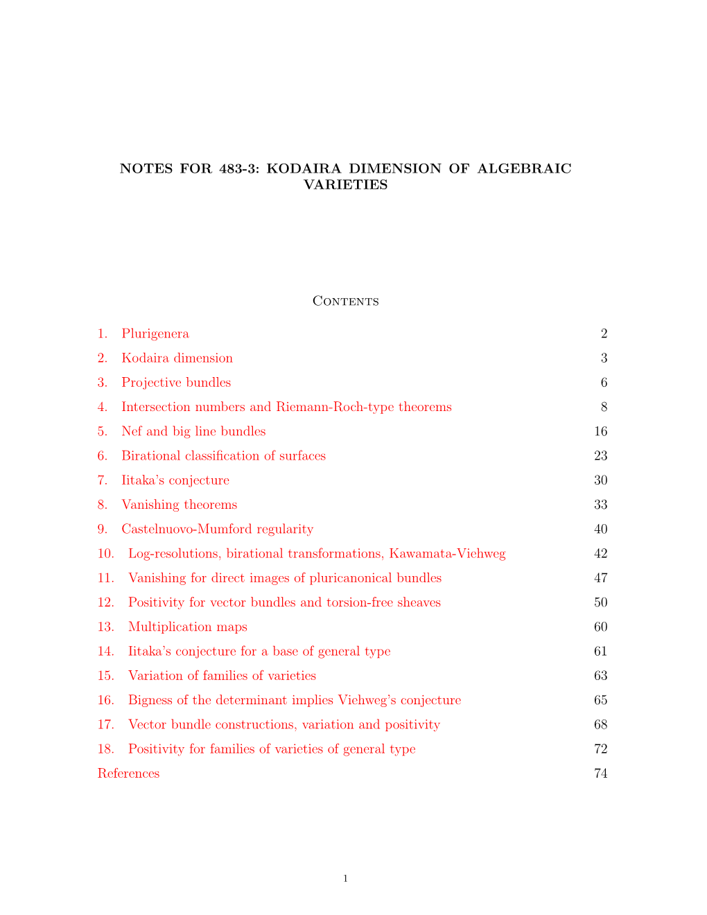 Notes for 483-3: Kodaira Dimension of Algebraic Varieties