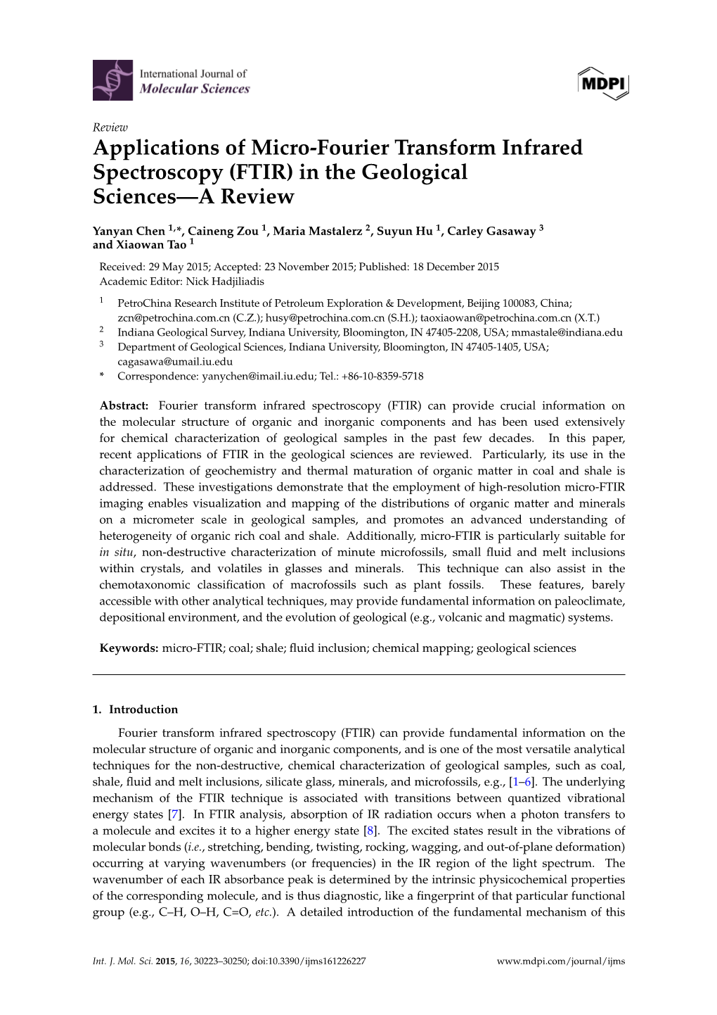 Applications of Micro-Fourier Transform Infrared Spectroscopy (FTIR) in the Geological Sciences—A Review