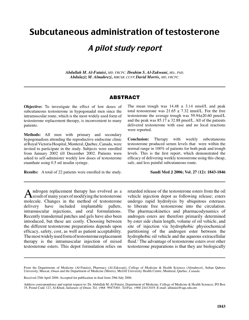 Subcutaneous Administration of Testosterone