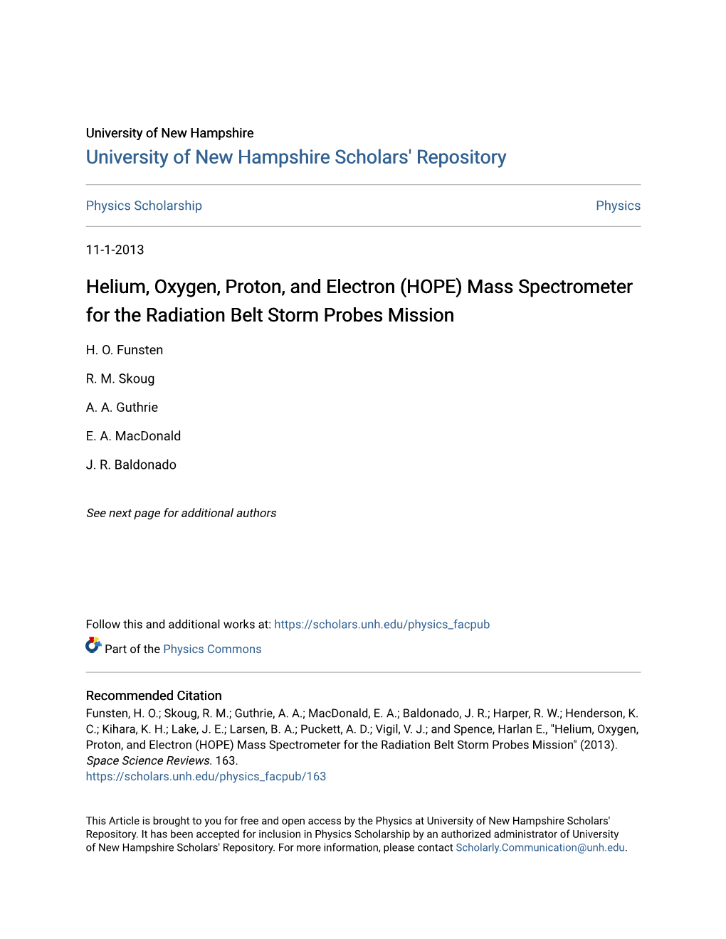 (HOPE) Mass Spectrometer for the Radiation Belt Storm Probes Mission