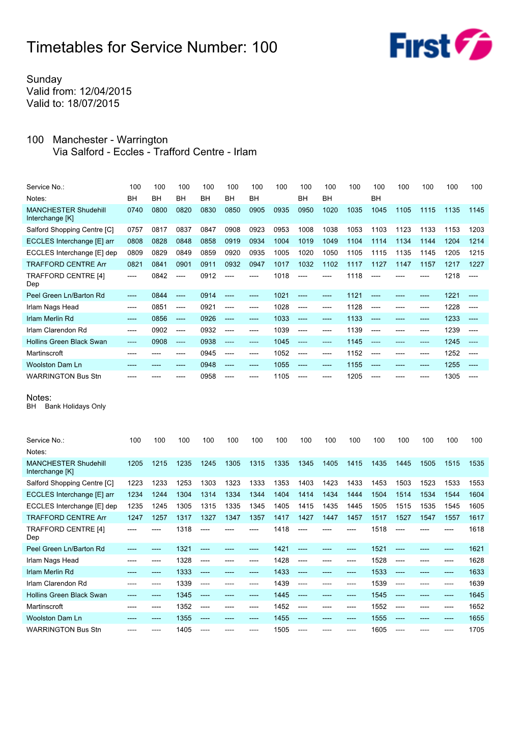 Timetables for Service Number: 100