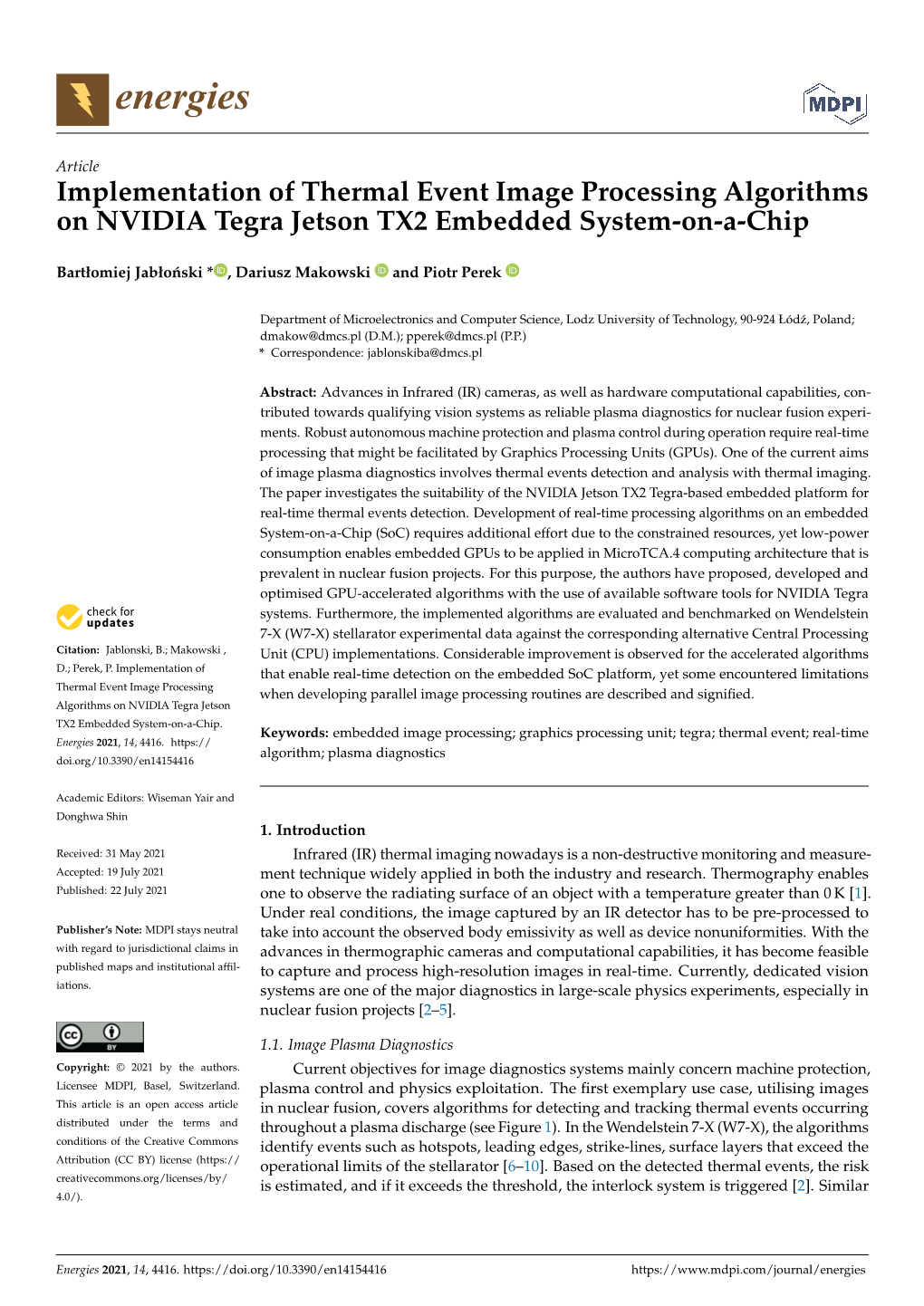 Implementation of Thermal Event Image Processing Algorithms on NVIDIA Tegra Jetson TX2 Embedded System-On-A-Chip