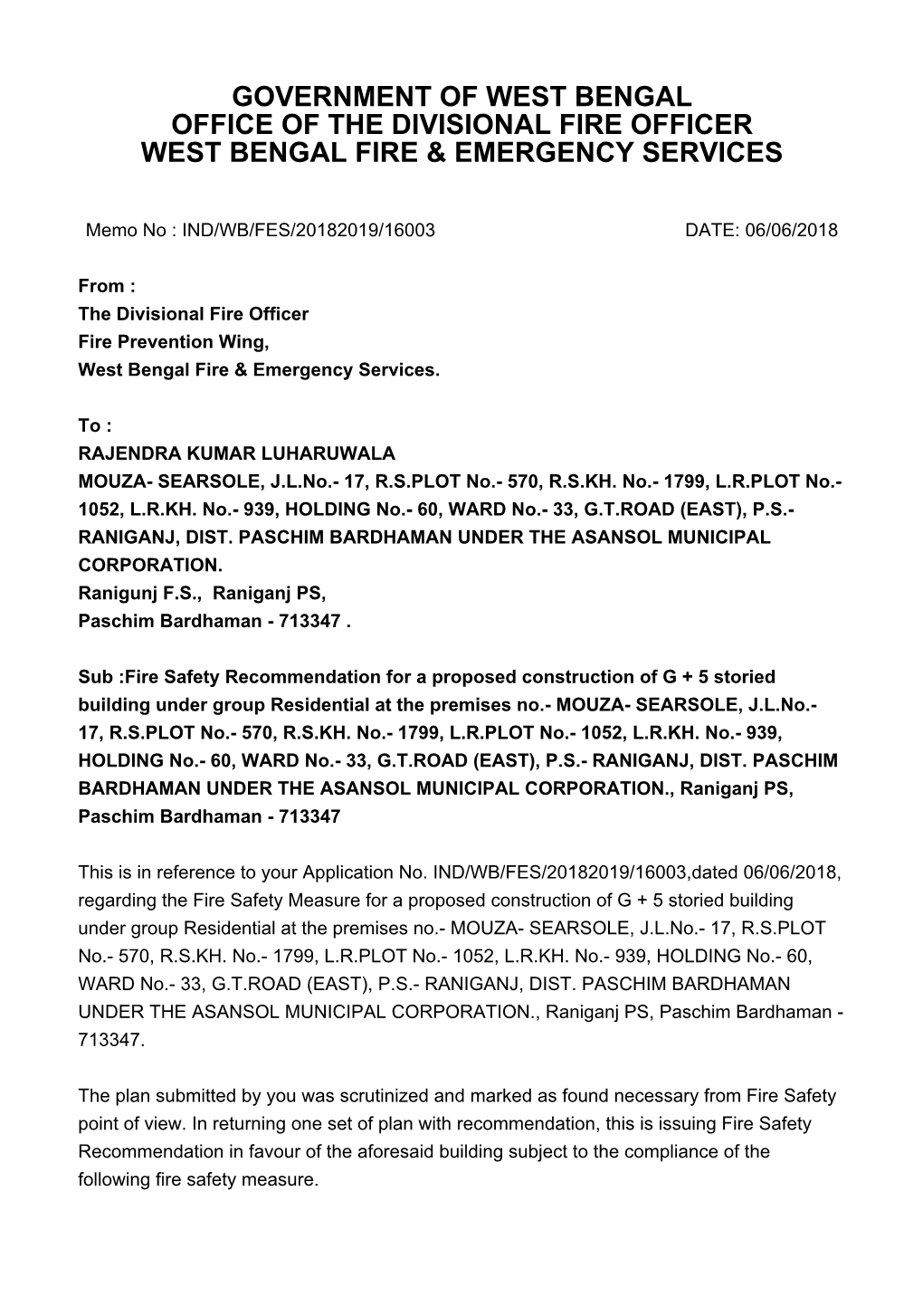 Government of West Bengal Office of the Divisional Fire Officer West Bengal Fire & Emergency Services
