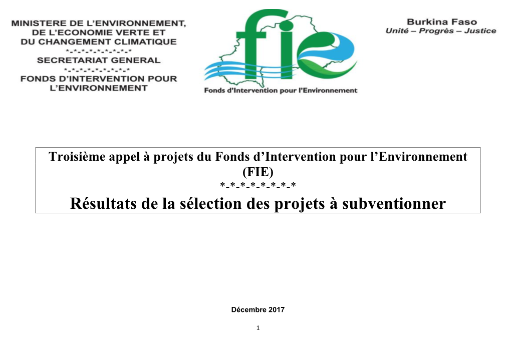 Résultats De La Sélection Des Projets À Subventionner