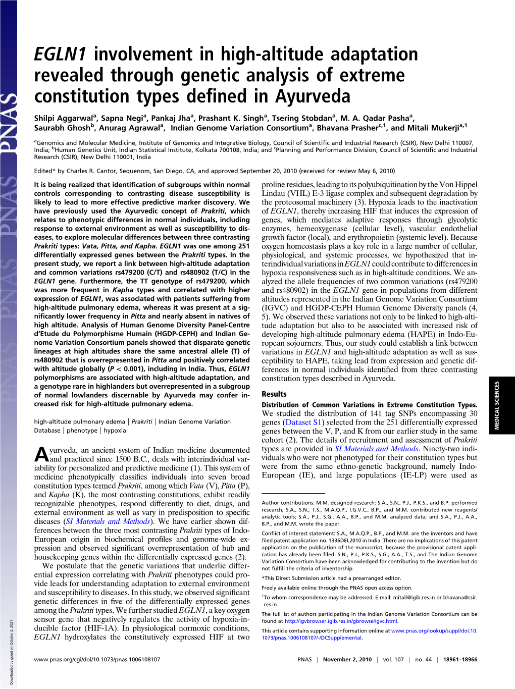 EGLN1 Involvement in High-Altitude Adaptation Revealed Through Genetic Analysis of Extreme Constitution Types Deﬁned in Ayurveda