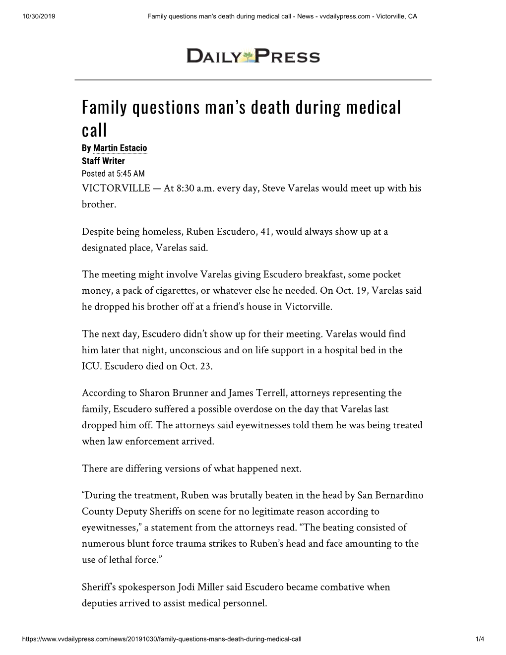Family Questions Man's Death During Medical Call - News - Vvdailypress.Com - Victorville, CA