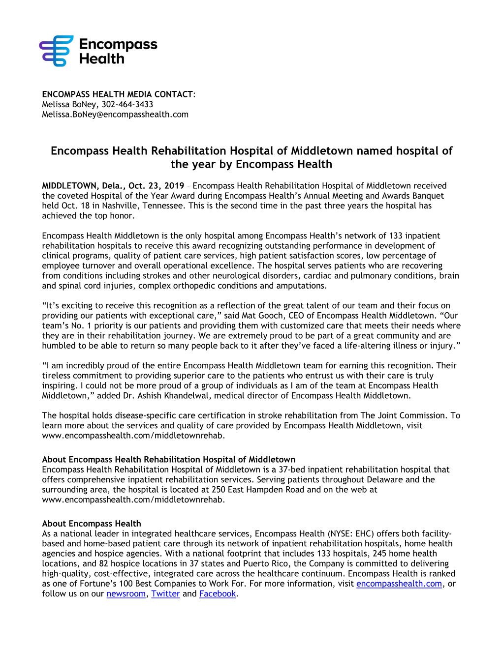 Encompass Health Rehabilitation Hospital of Middletown Named Hospital of the Year by Encompass Health