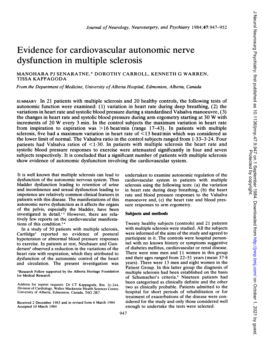 Evidence for Cardiovascular Autonomic Nerve Dysfunction in Multiple Sclerosis