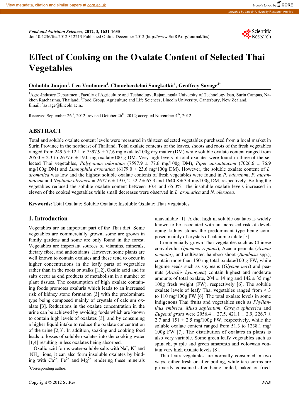 Effect of Cooking on the Oxalate Content of Selected Thai Vegetables