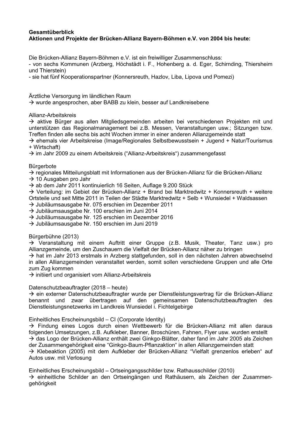 Gesamtüberblick Aktionen Und Projekte Der Brücken-Allianz Bayern-Böhmen E.V