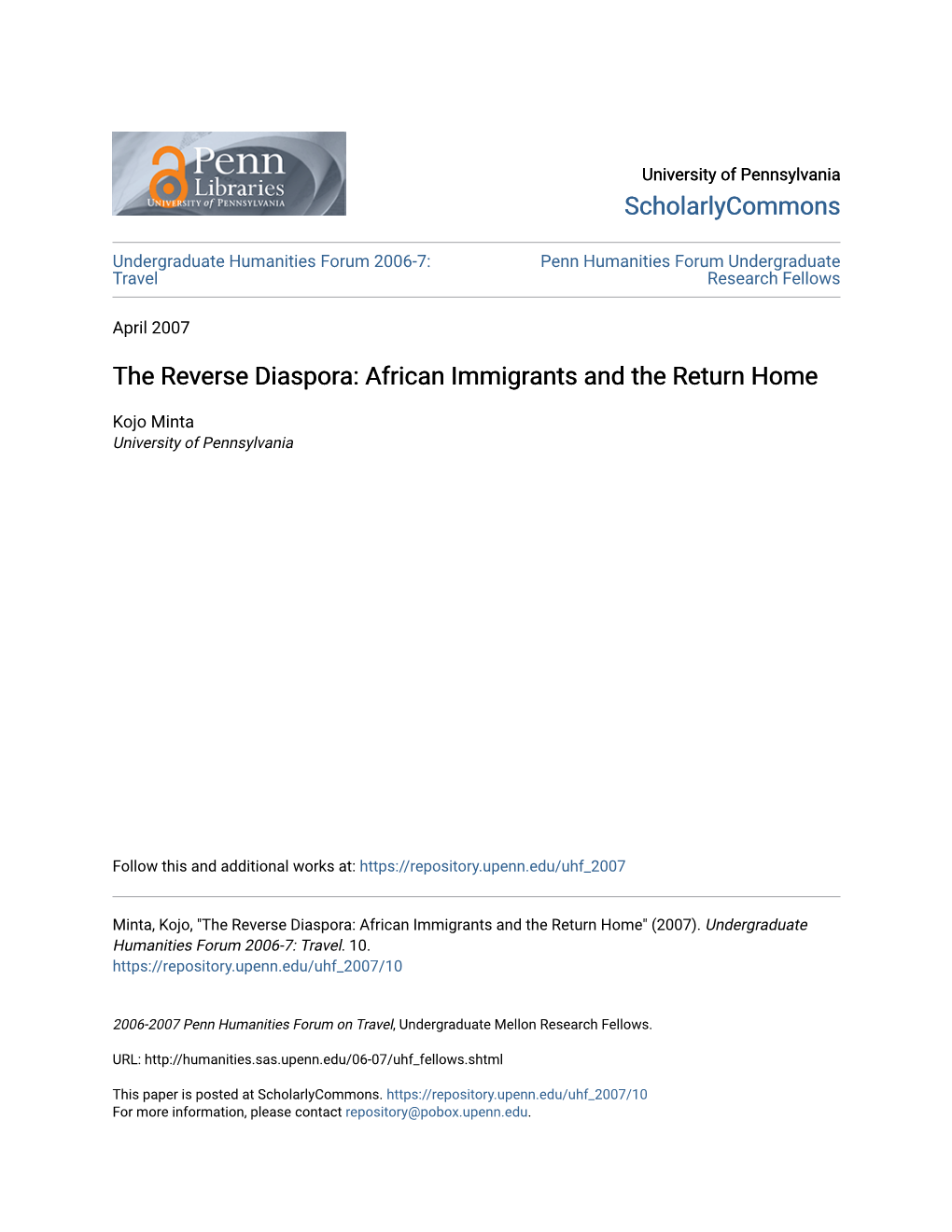 The Reverse Diaspora: African Immigrants and the Return Home