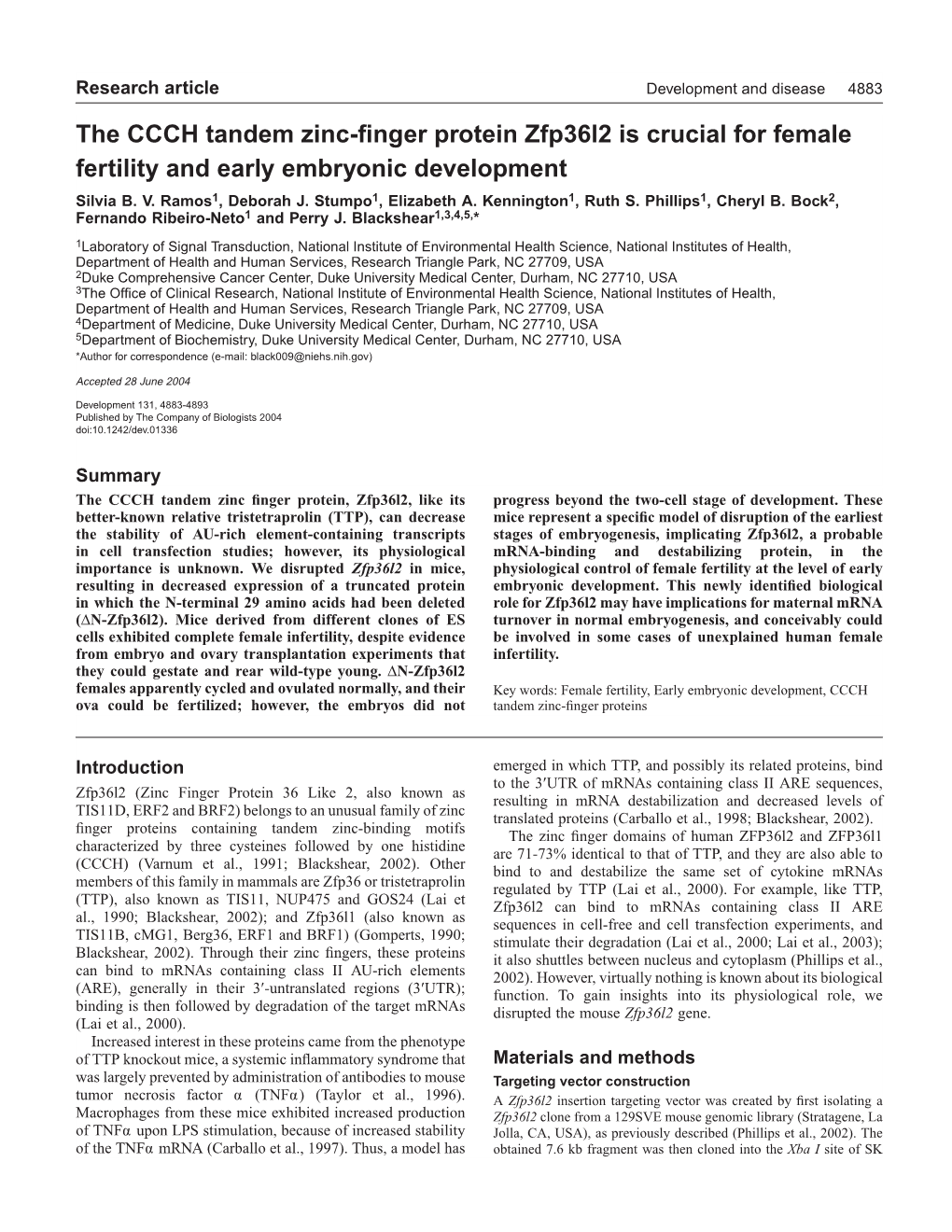 The CCCH Tandem Zinc-Finger Protein Zfp36l2 Is Crucial for Female Fertility