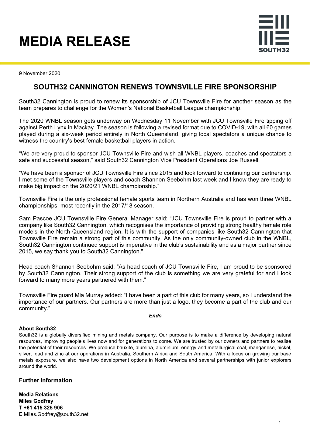 9 November 2020 SOUTH32 CANNINGTON RENEWS TOWNSVILLE FIRE SPONSORSHIP