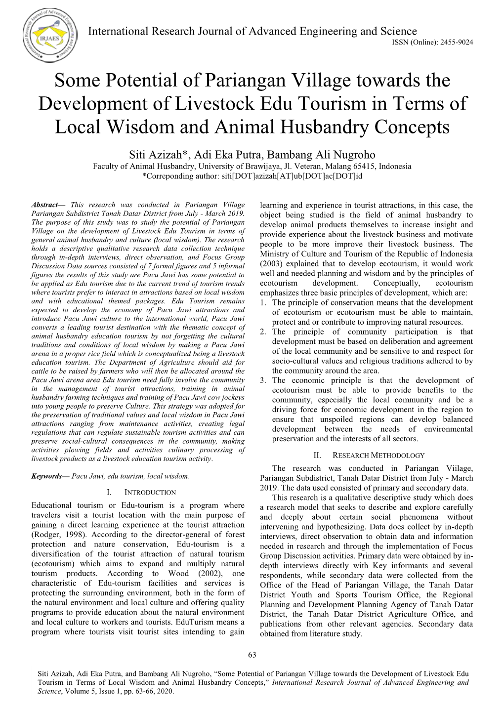 Some Potential of Pariangan Village Towards the Development of Livestock Edu Tourism in Terms of Local Wisdom and Animal Husbandry Concepts