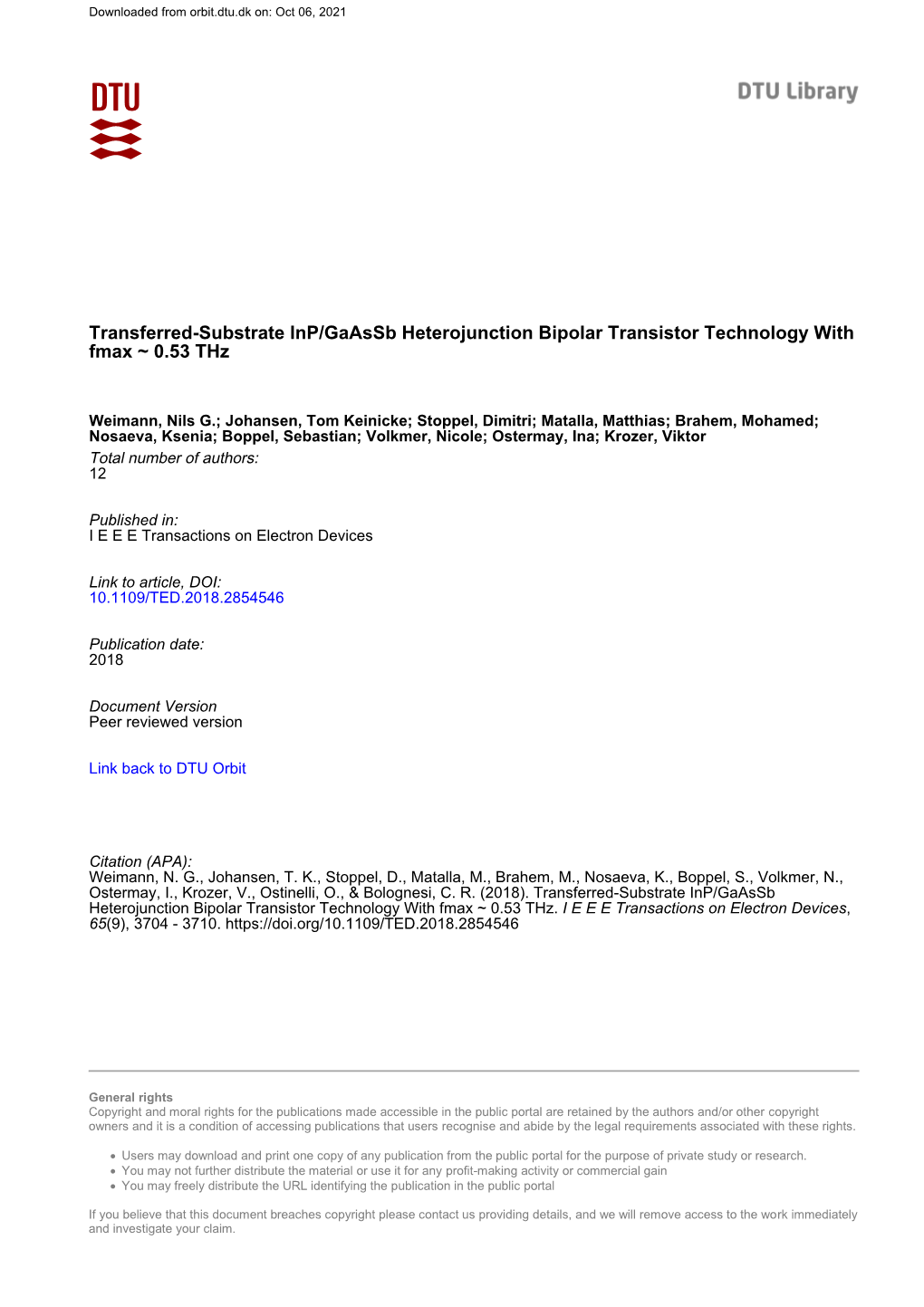 Transferred-Substrate Inp/Gaassb Heterojunction Bipolar Transistor Technology with Fmax ~ 0.53 Thz