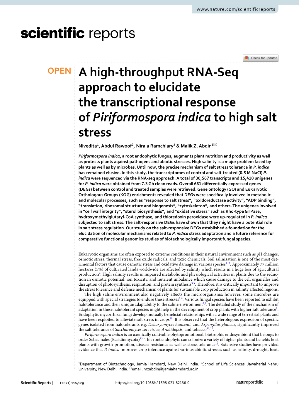 A High-Throughput RNA-Seq Approach to Elucidate the Transcriptional Response of Piriformospora Indica to High Salt Stress