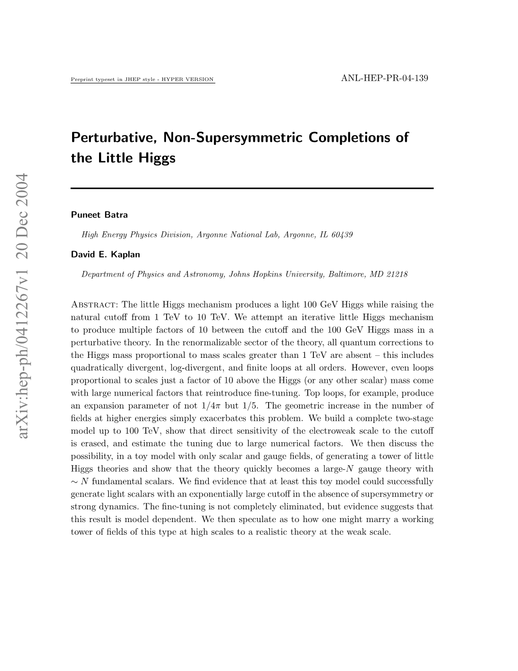 Perturbative, Non-Supersymmetric Completions of the Little Higgs