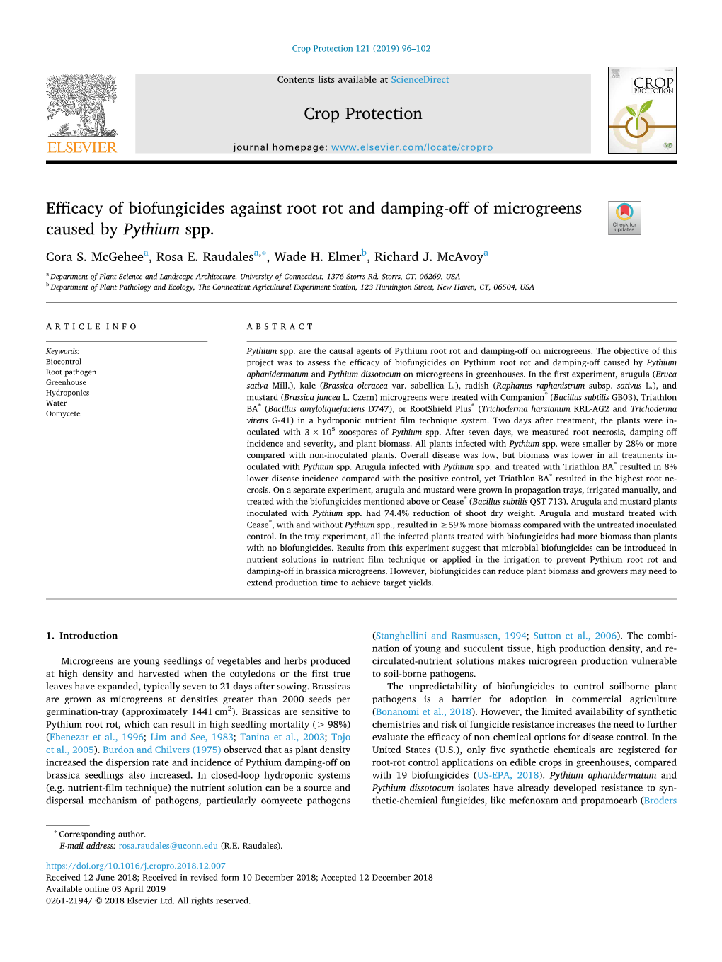 Efficacy of Biofungicides Against Root Rot and Damping-Off of Microgreens T Caused by Pythium Spp