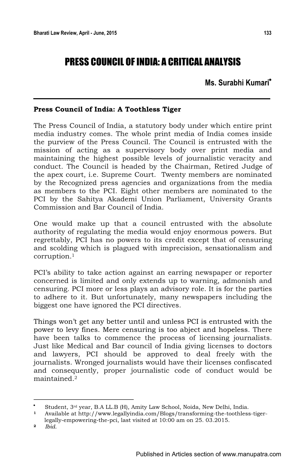 Press Council of India: a Critical Analysis