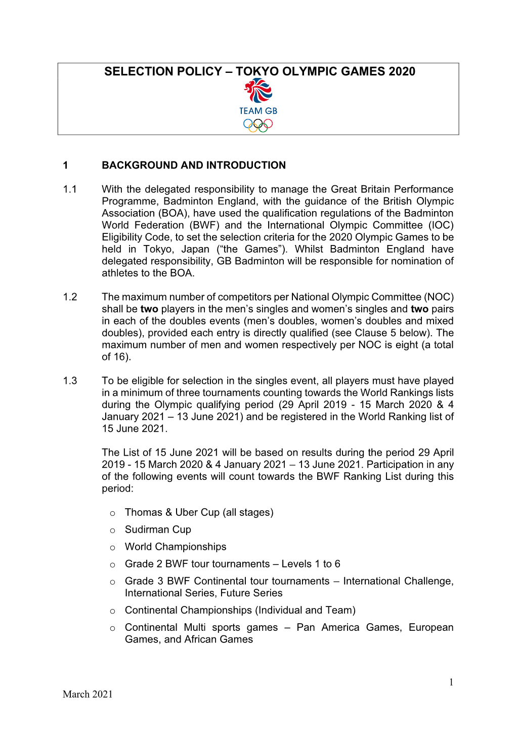 Selection Policy – Tokyo Olympic Games 2020