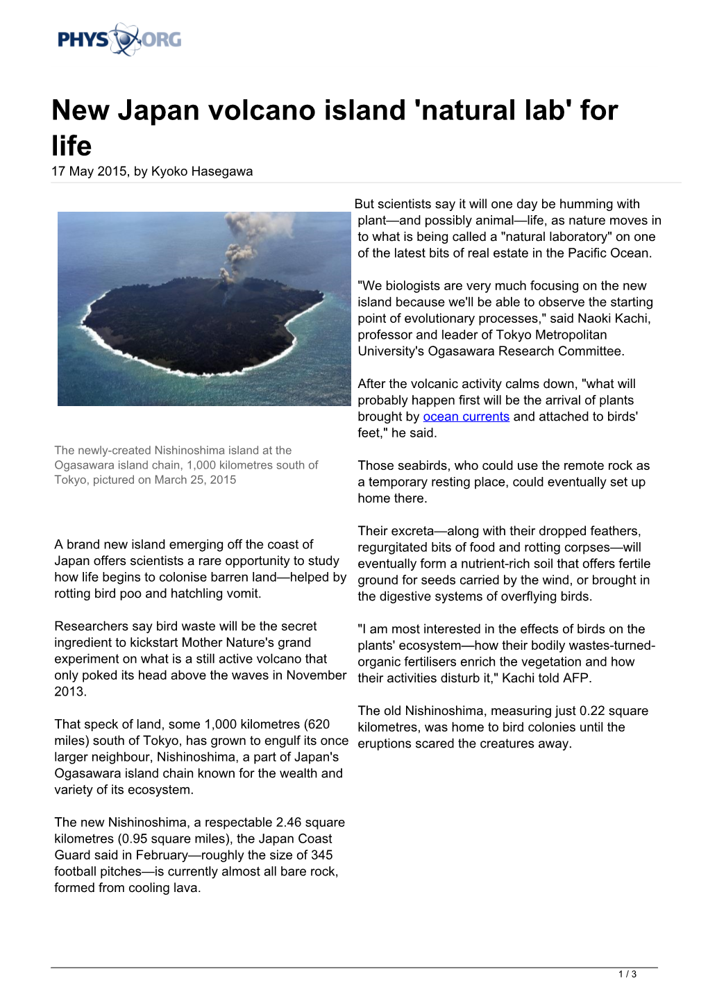 New Japan Volcano Island 'Natural Lab' for Life 17 May 2015, by Kyoko Hasegawa