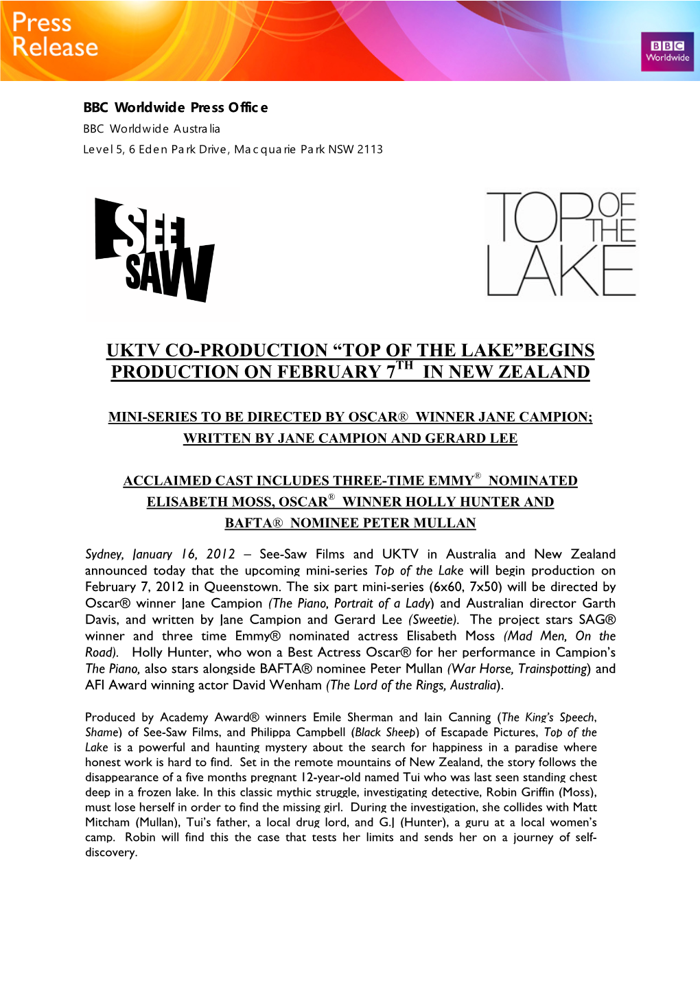 Uktv Co-Production “Top of the Lake”Begins Production on February 7Th in New Zealand